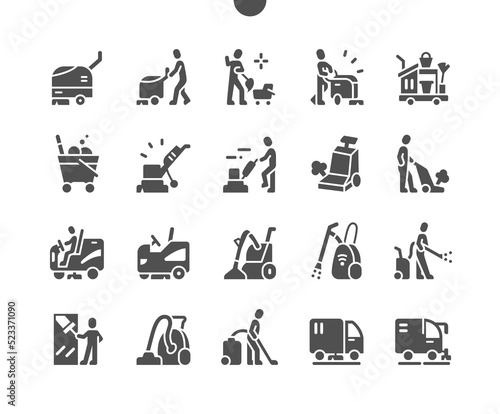 Industrial cleaning service. Cleaning machine. High pressure washer. Cleaner worker. Vector Solid Icons. Simple Pictogram