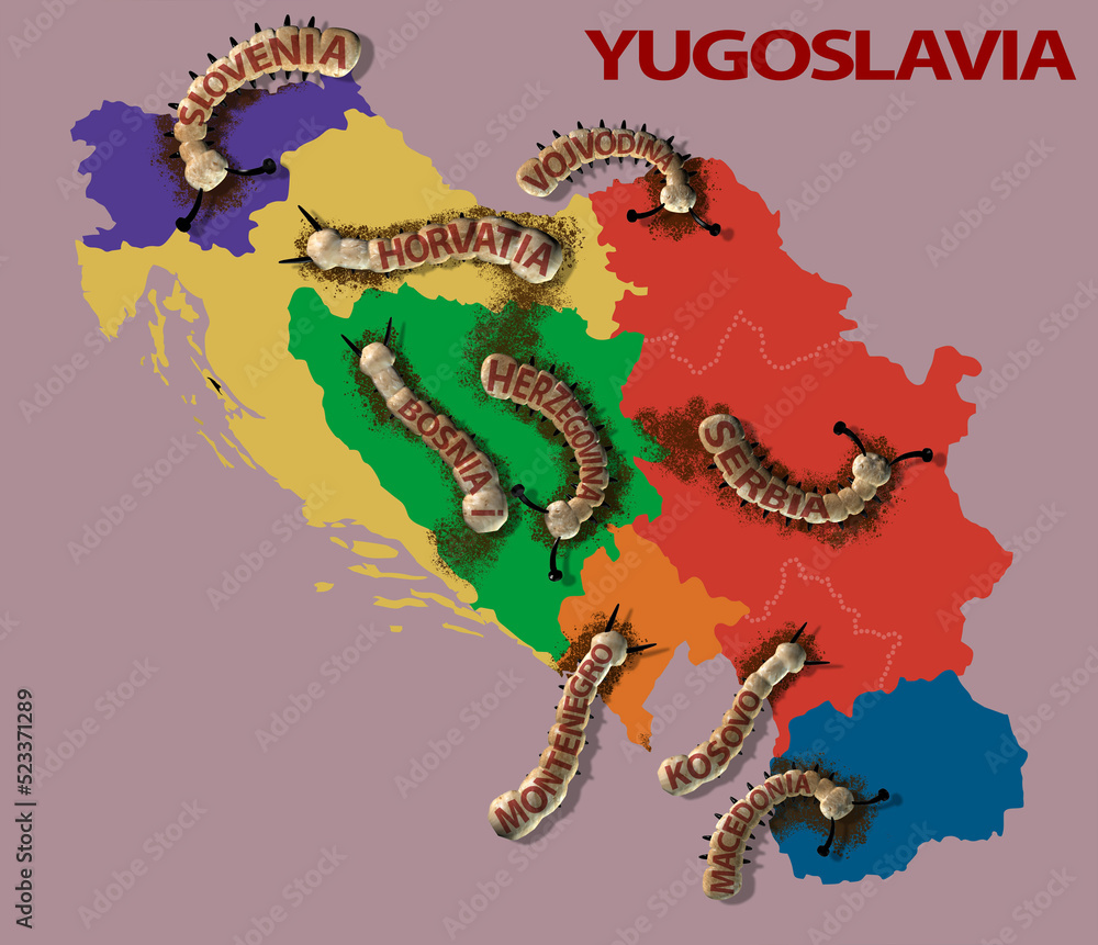 Obraz premium Illustration of a map of Yugoslavia eating worms. A symbol of the conflict in the Balkans, Serbia and Kosovo.