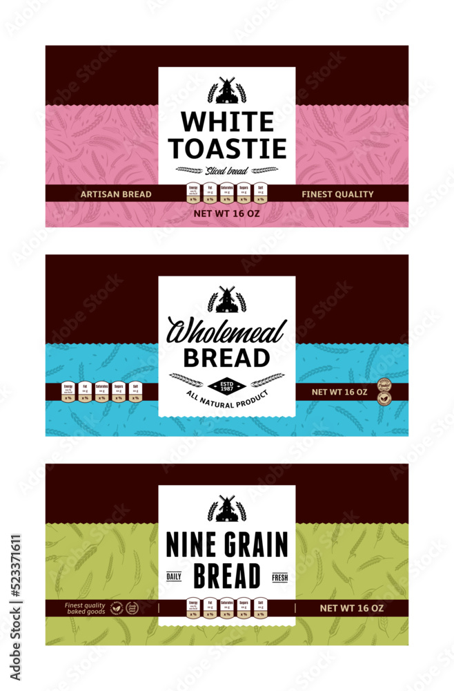 Bread labels in modern style. Vector bakery illustrations and cereal crops patterns
