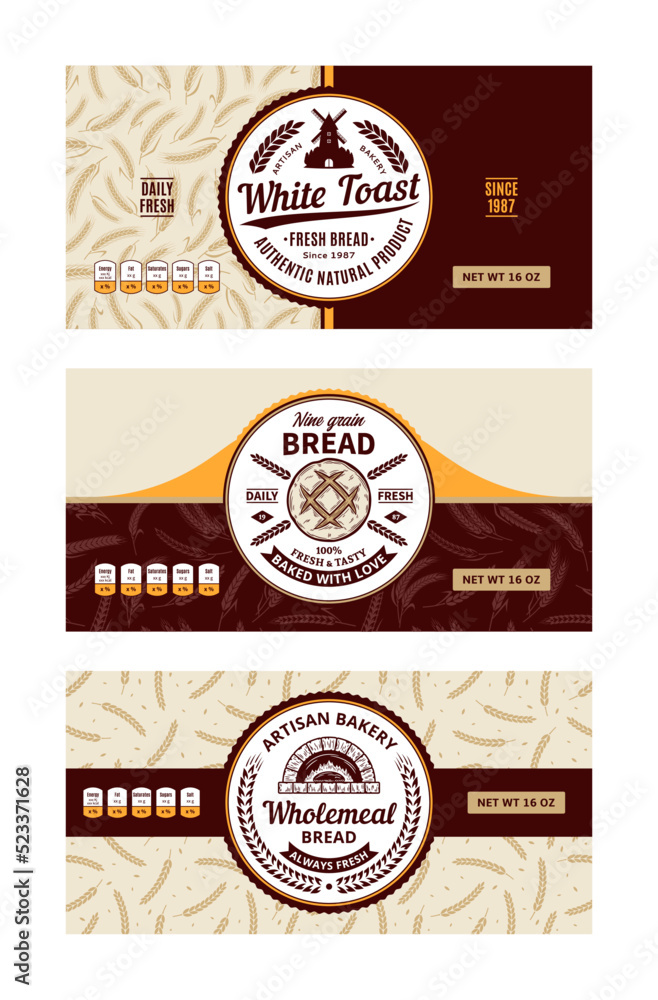 Bread labels in modern style. Vector bakery illustrations and cereal crops patterns Bread labels in modern style. Vector bakery illustrations and cereal crops patterns