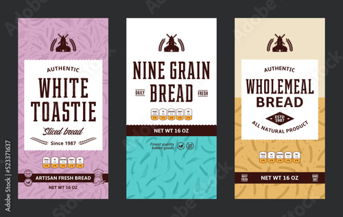 Bread labels in modern style. Vector bakery illustrations and cereal crops patterns