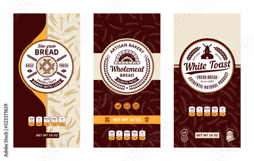 Bread labels in modern style. Vector bakery illustrations and cereal crops patterns