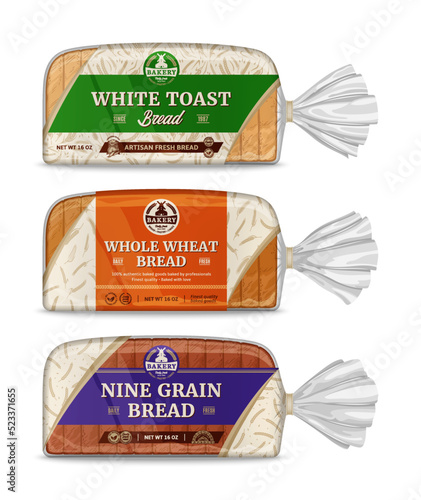 Vector bread packaging and horizontal label design. Bakery illustrations and cereal crops patterns