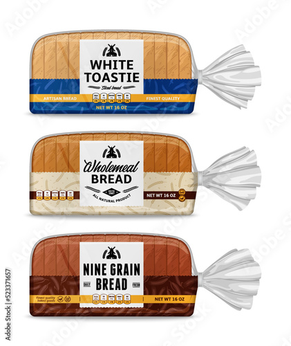 Vector bread packaging and horizontal label design. Bakery illustrations and cereal crops patterns