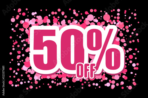 Off 50 Price labele sale promotion market. template clearance Pink confetti on black background