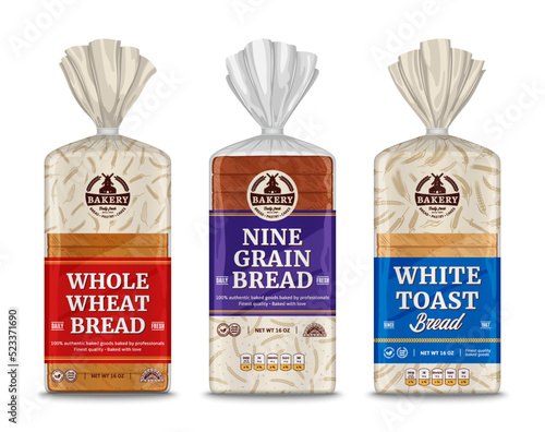 Vector bread packaging and vertical label design. Bakery illustrations and cereal crops patterns
