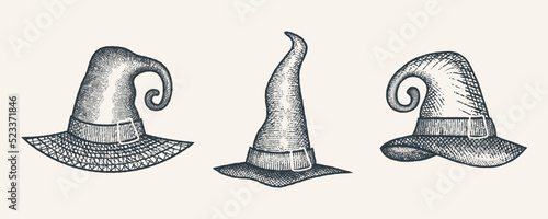 Halloween Witch Hat Set Vintage Hand Drawn Illustration Abstract Vector Sketch Line Art Drawing