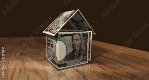 Yen 10000 JPY money banknotes paper house on the table 3d illustration