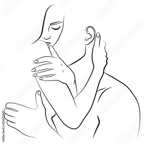 Arms hugging. The art line of a couple in love on a white isolated background. The man gently hugs the woman and kisses her neck. Love and kisses.