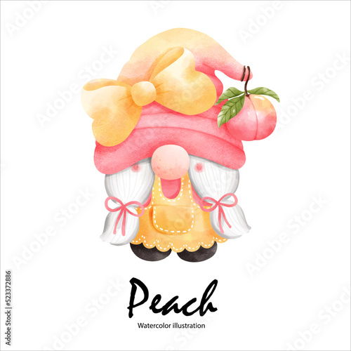 Watercolor peaches, peach gnome watercolor fruit. vector illustration