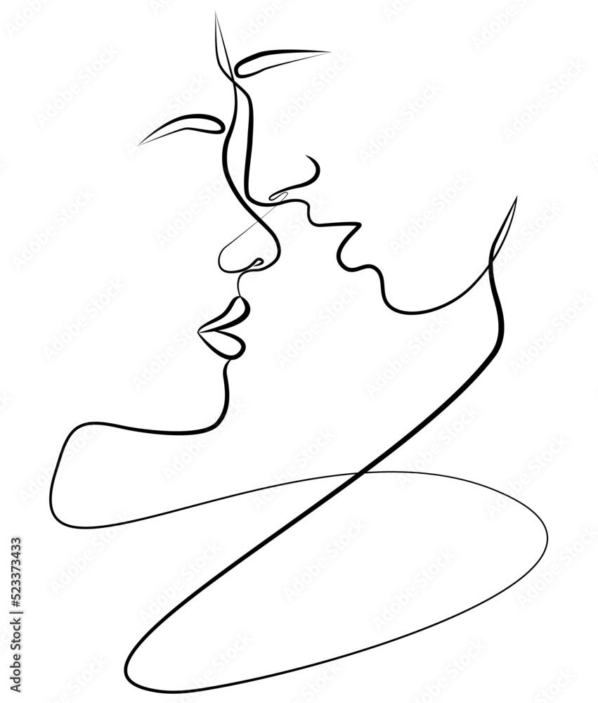 The love of a man and a woman. Two faces in one line. Continuous abstract drawing. A kiss. Portrait. The love of a man and a woman. Two faces in one line. Continuous abstract drawing. A kiss. Portrait.