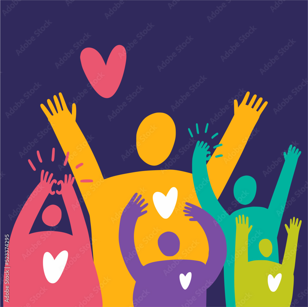 A happy group of people with their hands raised to the top rejoices. Vector drawing by hand. A happy group of people with their hands raised to the top rejoices. Vector drawing by hand.