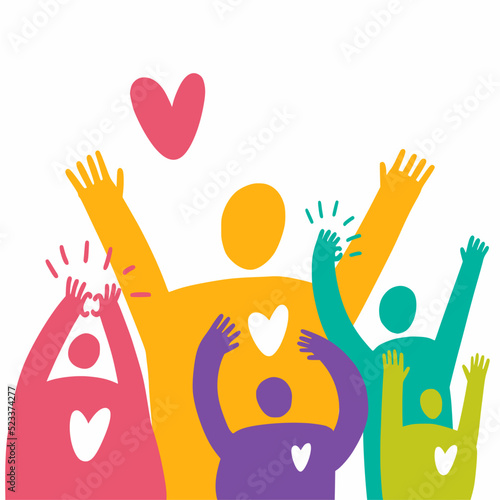 A happy group of people with their hands raised to the top rejoices. Vector drawing by hand.