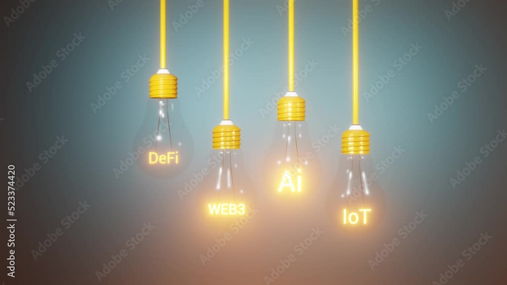 Light bulbs with DeFi WEB3 IoT and Ai text inside 3D animation Light bulbs with DeFi WEB3 IoT and Ai text inside 3D animation