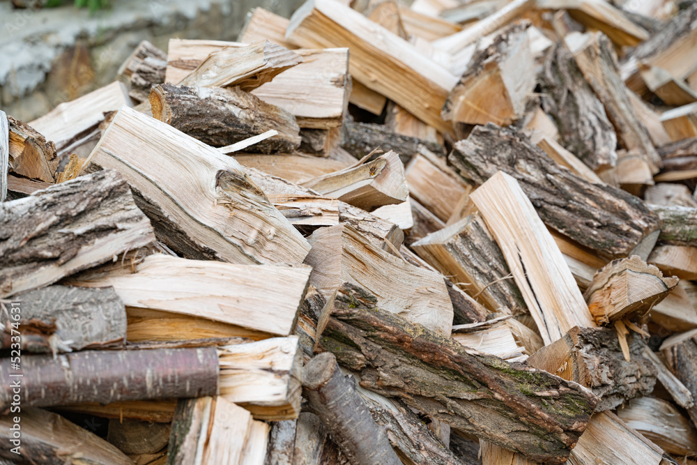 background of chopped firewood, close-up background of chopped firewood, close-up