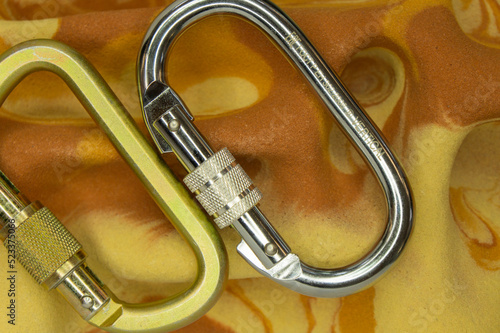 Steel carabiners for industrial work close-up