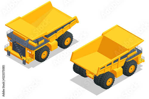Isometric Large quarry dump truck. Heavy mining dumper isolated on white. Equipment for high-mining industry.