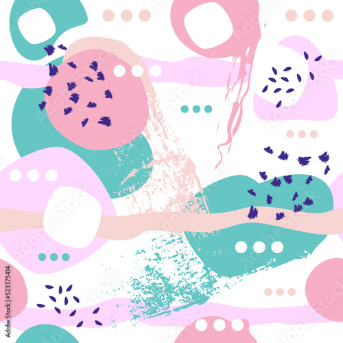 Abstract seamless pattern. Hand drawn various shapes and doodle objects, texture dot shapes. Modern abstract design for paper, cover, fabric, interior decor and other users. Vector illustration.
