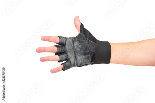 Right hand wearing sport glove isolated on white background.