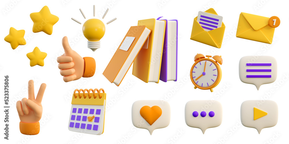 Naklejka 3d education and social media icons for university and school. Realistic 3d high quality isolated render