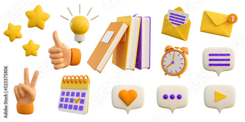 Naklejka 3d education and social media icons for university and school. Realistic 3d high quality isolated render