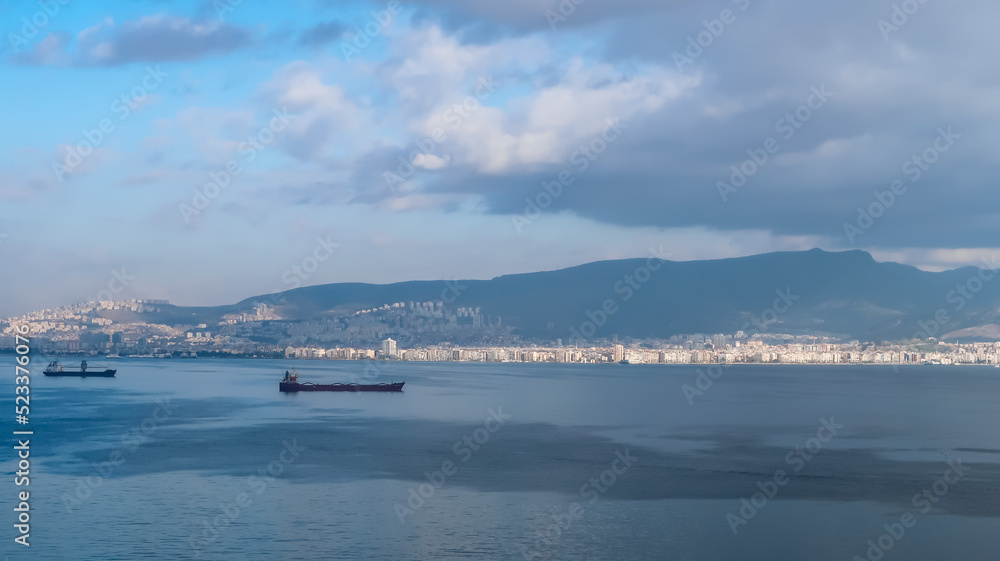 Landscape of the Coast of Izmir and Aegean Sea seen from the old elevator of Izmir with copy space