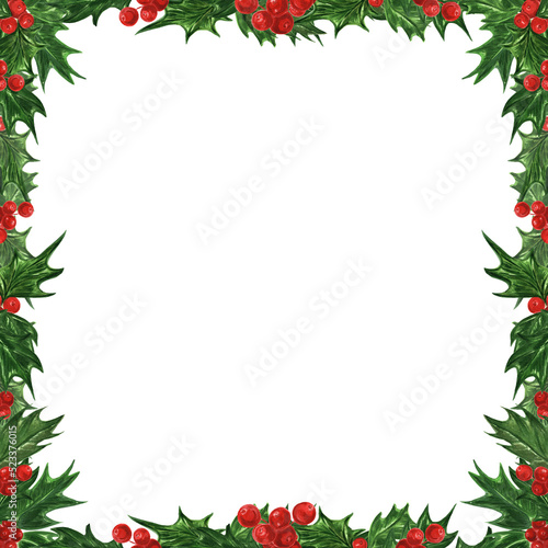 Square watercolor bleed frame of holly leaves and berries