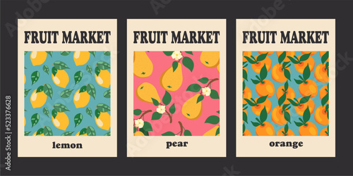 Set of decorative modern abstract posters with fruits. Oranges, lemons and pears. Covers for brochures, notebooks. Vector illustration