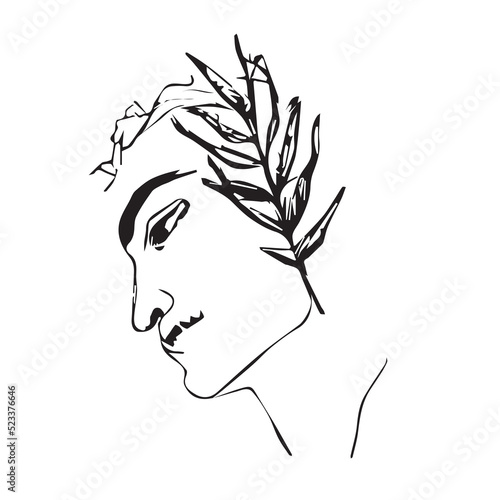 beautiful model face with natural leaves. minimalist smooth line art
