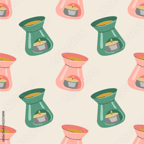 Green and pink aromatic lamps on a light background. Aromatherapy, spa, relaxation, candles. Seamless pattern, print. Vector illustration.