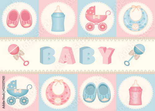 baby shower, newborn, baby, set of baby elements, icons, toys, vector illustration