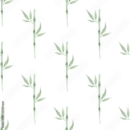 Bamboo branches, seamless pattern, watercolor illustration.