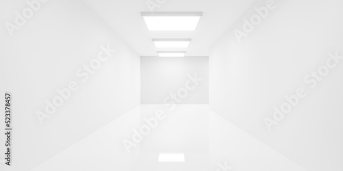 Abstract empty, modern white hallway with square lights and shiny floor - modern, liminal interior background template photo