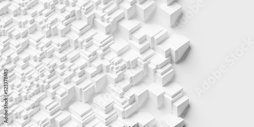 Randomly positioned white cube boxes block fractal background wallpaper banner with copy space, fading out geometry pattern