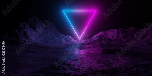 Mountain terrain landscape with pink and blue neon light glowing inverted triangle shape frame, retro technology or futuristic alien background template photo