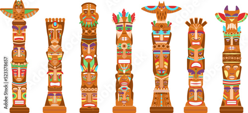 Mask totem poles. Hawaii tiki totems, ancient mythological symbols indigenous americans. Tribal masks, cartoon native indian decent vector sculptures photo