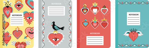 Hearts cover notebooks templates. Mexican style sacred heart design, diary or planner decoration with catholicism symbols. Retro decent vector cards