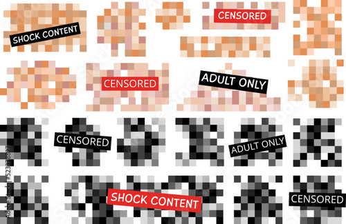 Censored square elements black and beige colors. Pixel blur explicit, blurred square for adult only content. Decent digital pixelated mosaic for hide vector set