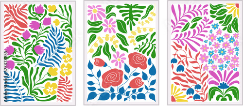 Contemporary doodle flowers wall posters. Abstract trendy matisse inspired decor. Naive colored botanical floral background. Minimal decent vector templates