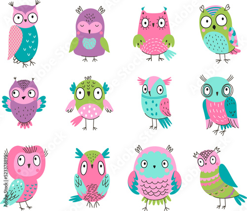 Cute cartoon owls. Nice forest owl, cutie wild colorful animals. Kids illustrated woodland birds, adorable boho style stickers. Isolated nowaday vector characters
