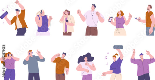 People listen music in headphones. Student characters with smartphone and bluetooth music speaker. Fun kicky young dancing vector flat teenagers set