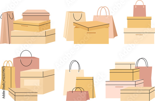 Craft sale shopping bags and boxes. Bag composition, store gift packaging. Shoes paper box, various shop or store purchase or decent parcel vector set