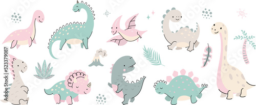 Cute flat cartoon dinosaur. Set dinosaurs herbivorous, babies dino and nature elements. Volcano, palm tree and prehistoric animals, nowaday vector isolated characters © MicroOne