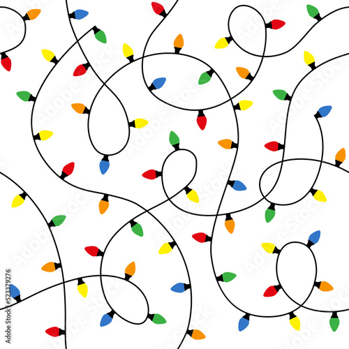 Christmas lights background. Seamless pattern with colorful garlands of light bulbs. Texture for print, textile, fabric, packaging.
