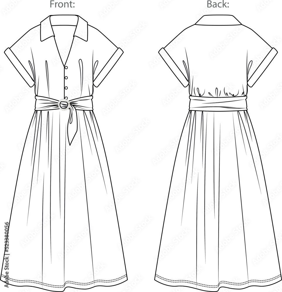 Vector sleeveless long dress fashion CAD, woman v-neck dropped shoulder dress with belt technical drawing, template, flat, sketch. Jersey or woven fabric maxi dress with front, back view, white color - obrazy, fototapety, plakaty 