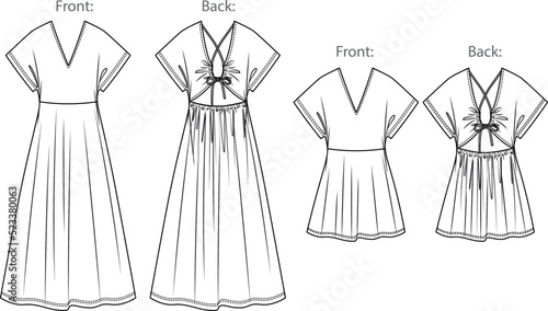 Vector bohemian style v neck dress fashion CAD, woman maxi dress with opened back technical drawing, template, flat, sketch. Jersey or woven fabric summer 2 pieces dress, front, back view, white color