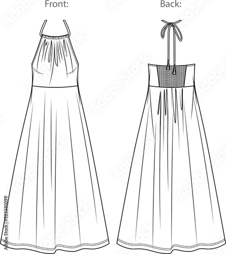 Vector flared long dress fashion CAD, woman maxi dress with shoulder straps technical drawing, gathering detail dress flat, template, sketch.Jersey or woven fabric dress, front, back view, white color