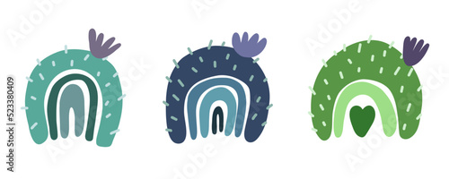 Boho rainbow cactus succulent set. Nursery prickly Rainbow cacti cactus plant with thorns. Doodle cute home flower. Vector illustration on a white background.