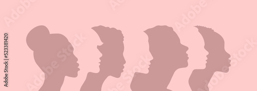 Collage Silhouette group of people profiles. Group side silhouette men and women of diverse culture and different countries. Harmony friendship integration. Racial equality