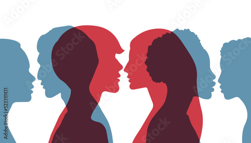 Collage Silhouette of couple. Group side silhouette man and women of diverse culture and different countries. Harmony friendship integration and love. Racial equality. 